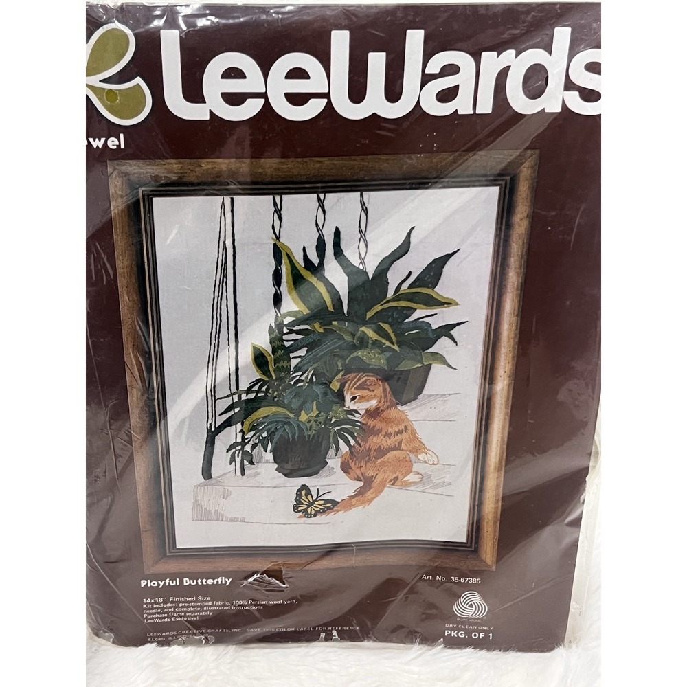 Vintage Lee Wards Crewel Kit Playful Butterfly With Cat Butterfly And Plants NOS